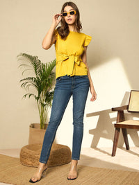 Berrylush Women Round Neck Regular Top With Waist Tie-Ups Detail