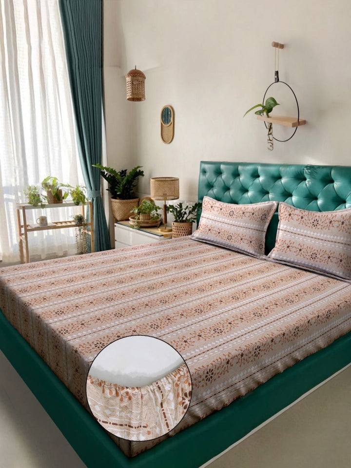 Myntra Elegant Homes Beige & White Floral 400 TC King Bedsheet with 2 Pillow Covers