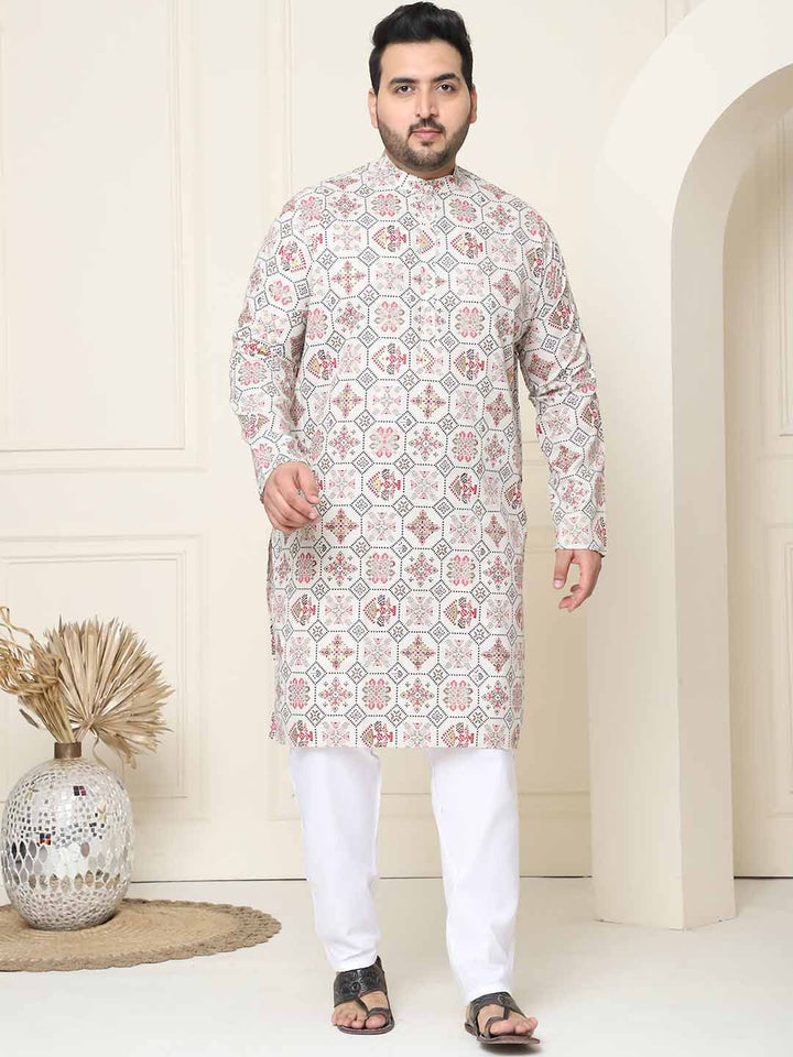 SOJANYA PLUS Ethnic Motifs Printed Band Collar Straight Cotton Linen Kurta