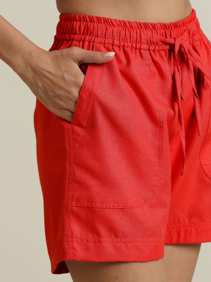 trueBrowns Women Red Cotton Blend Shorts With Drawstring