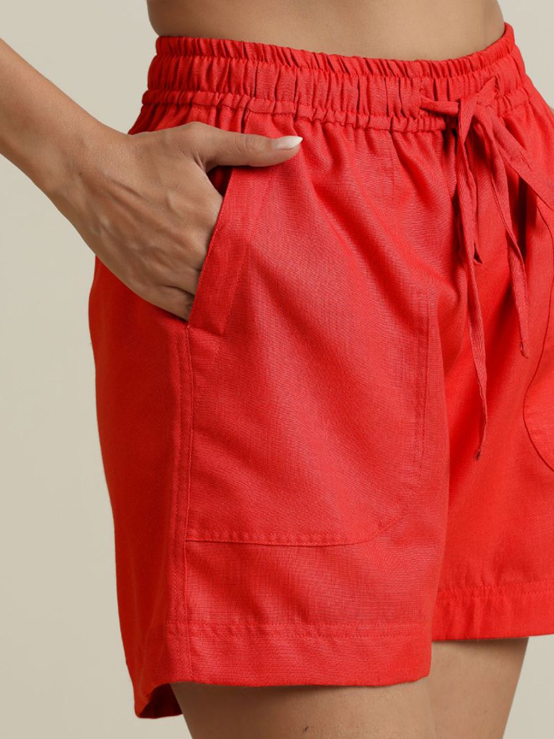 trueBrowns Women Red Cotton Blend Shorts With Drawstring