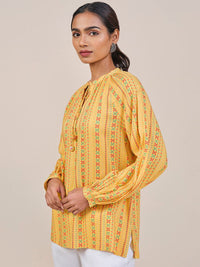 Global Desi Women Mustard Viscose Rayon Print Tie-Up Neck long Sleeves Top