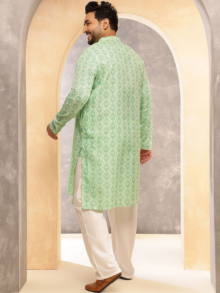 SOJANYA PLUS Ethnic Motifs Printed Band Collar Cotton Linen Straight Kurta With Pyjama