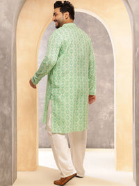 SOJANYA PLUS Ethnic Motifs Printed Band Collar Cotton Linen Straight Kurta With Pyjama