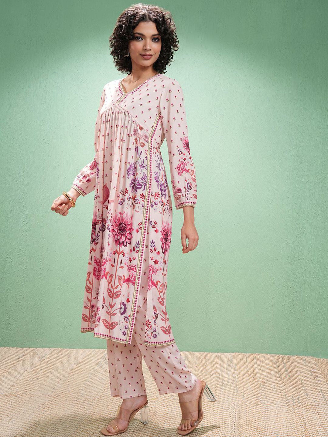 Vishudh Floral Printed V-Neck Empire A-Line Kurta With Trouser And Dupatta