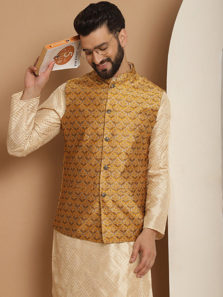 Anouk Men Geometric Embroidered Thread Work Straight Kurta With Churidar & Nehru Jacket