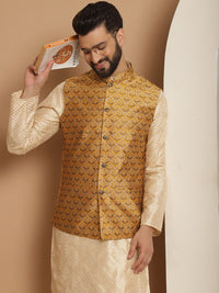 Anouk Men Geometric Embroidered Thread Work Straight Kurta With Churidar & Nehru Jacket