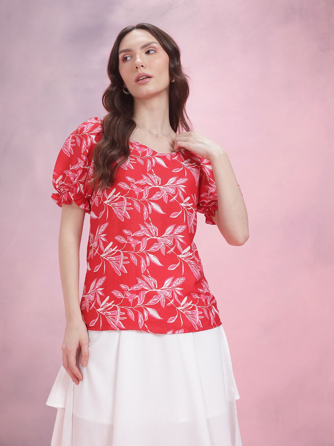 DressBerry Floral Print Sweetheart Neck Puff Sleeve Top