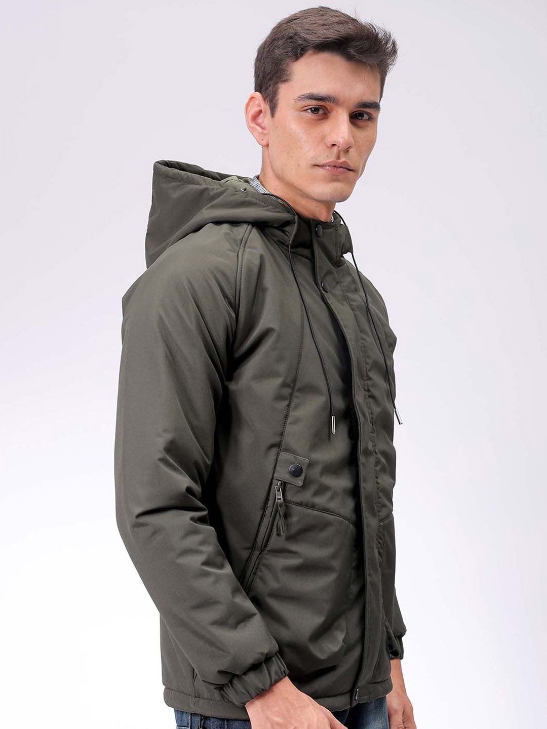 The Indian Garage Co Men Hooded Solid Puffer Utility Jacket