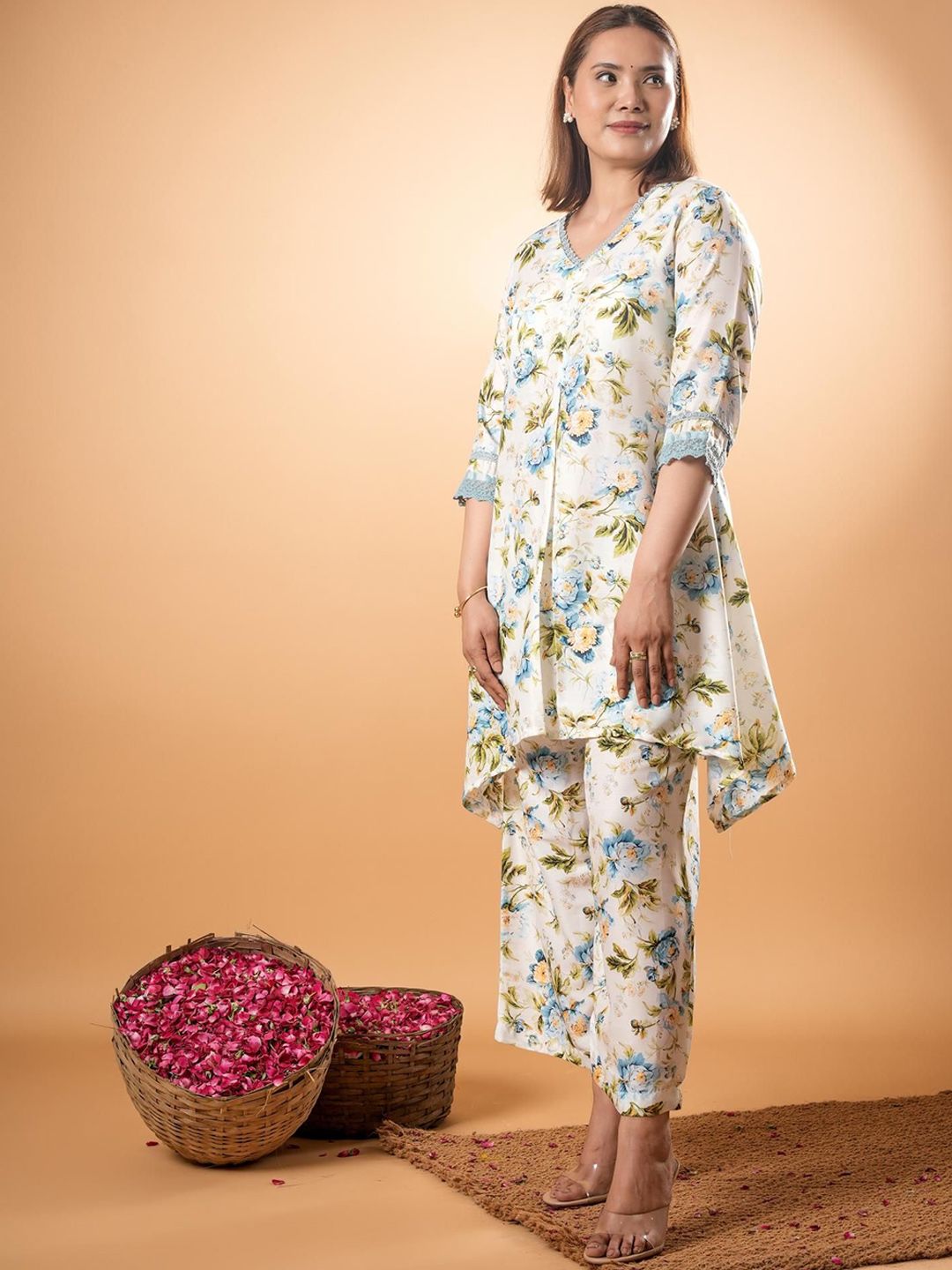 Tunik V-Neck Kapas Tulen Bercetak Mamicha Dengan Palazzo Co-Ords