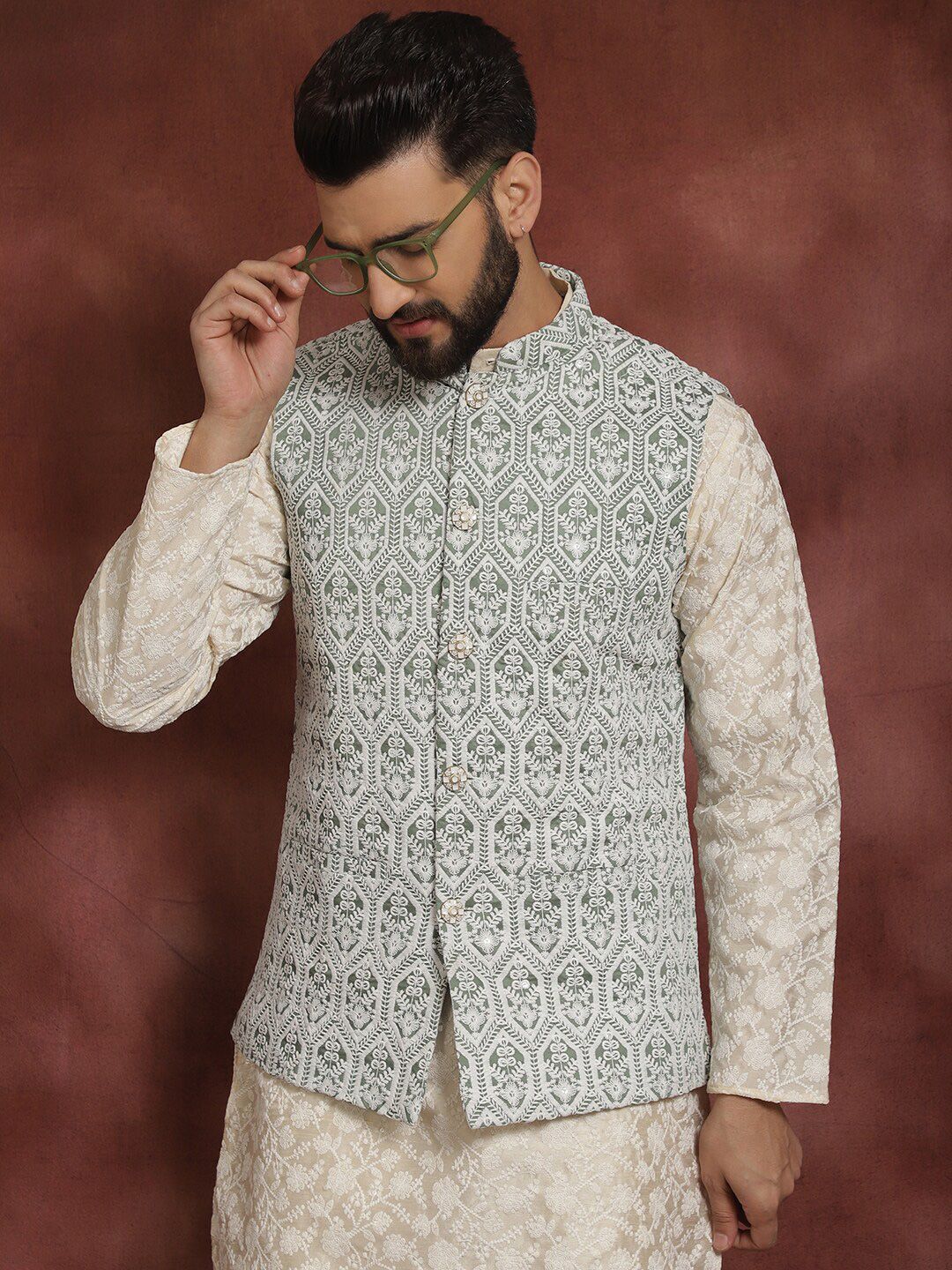Anouk Floral Embroidered Regular Thread Work Kurta with Churidar & Nehru jacket
