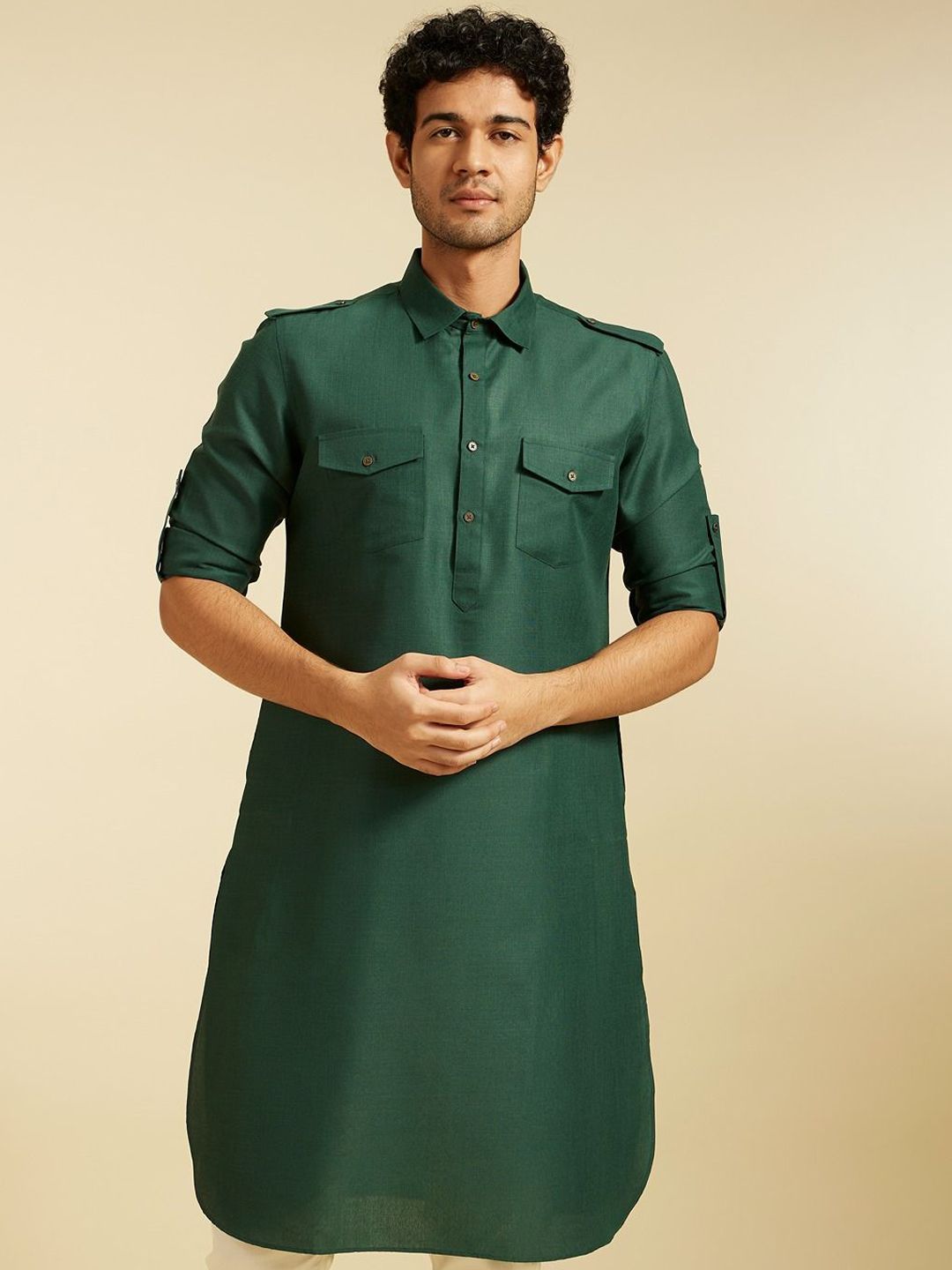 Diwas by Manyavar Shirt Collar Roll-Up Sleeves Pathani Kurta