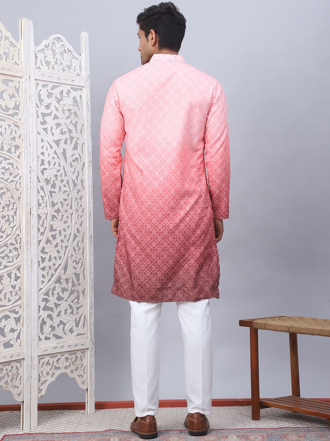 Jompers Ombre Printed Mandarin Collar Thread Work Straight Kurta With Pyjamas