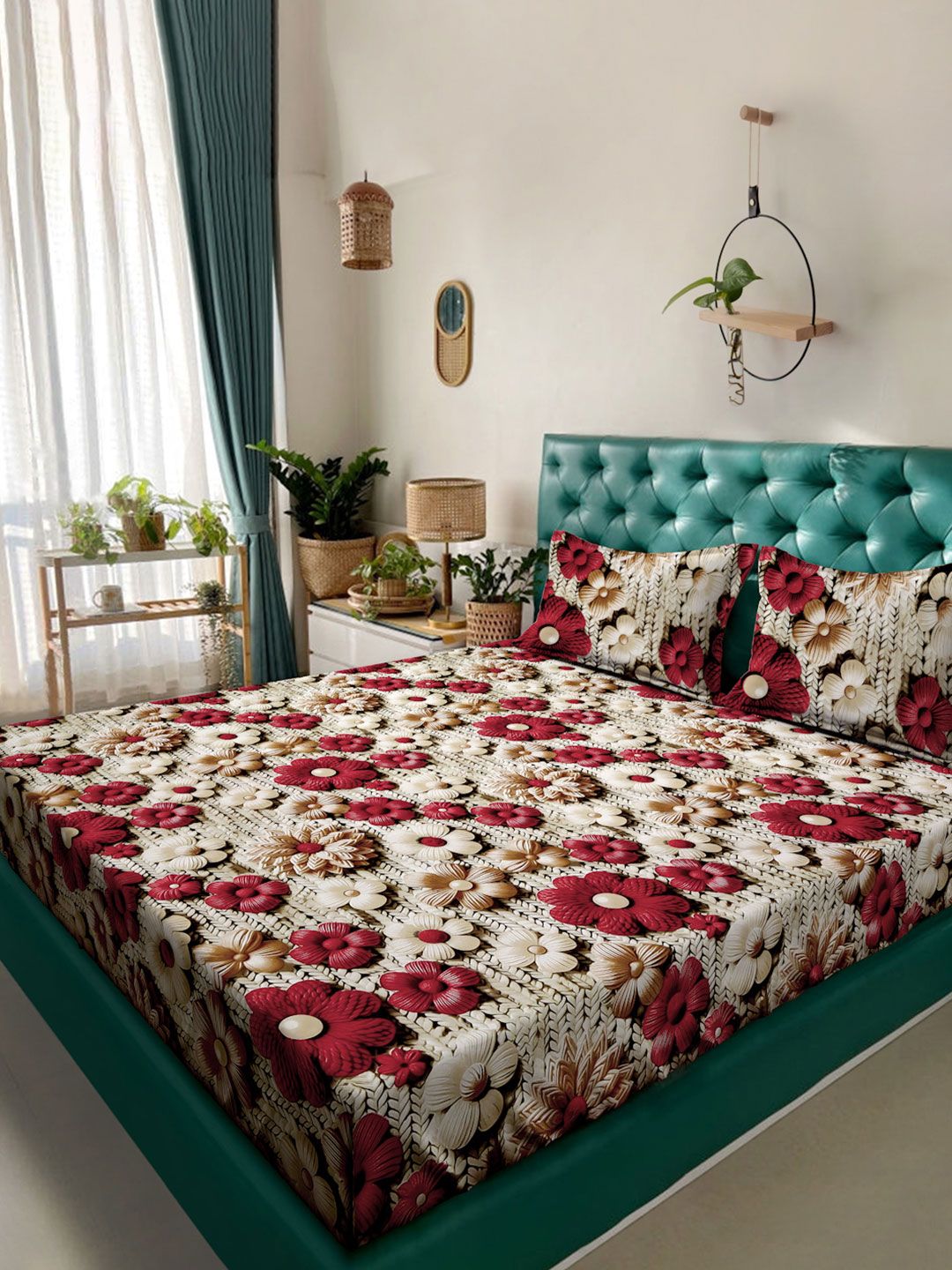 KLOTTHE Beige & Maroon Floral Printed 300 TC King Double 7D Bedsheet With 2 Pillow Cover