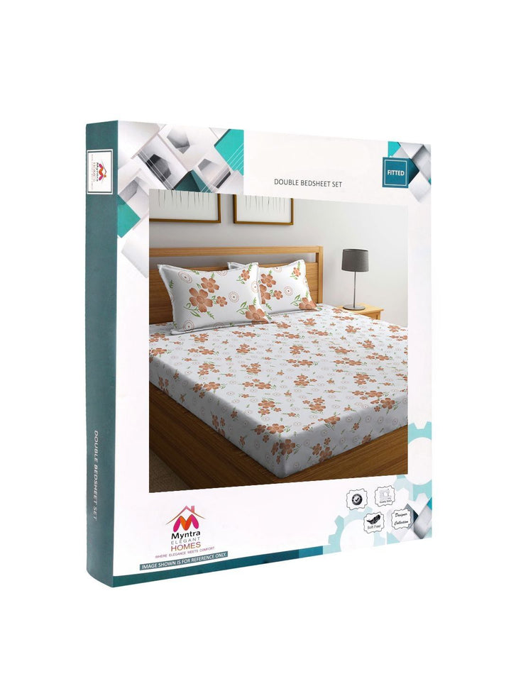 Myntra Elegant Homes White & Brown Floral Printed Dilengkapi 300 TC King Bedsheet dengan 2 Sarung Bantal