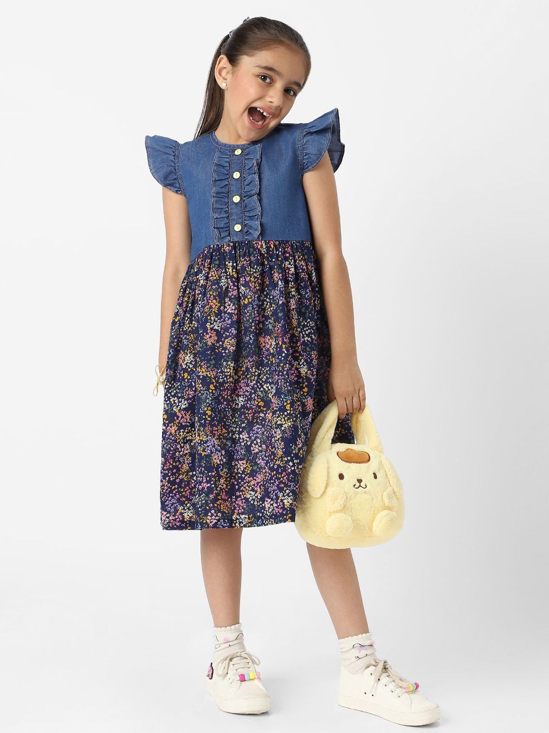 Nauti Nati Girls Denim Floral Printed Flutter Sleeves Dress