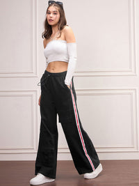 SASSAFRAS Women Cotton Comfort Wide Leg High-Rise with Side Stripe Jeans