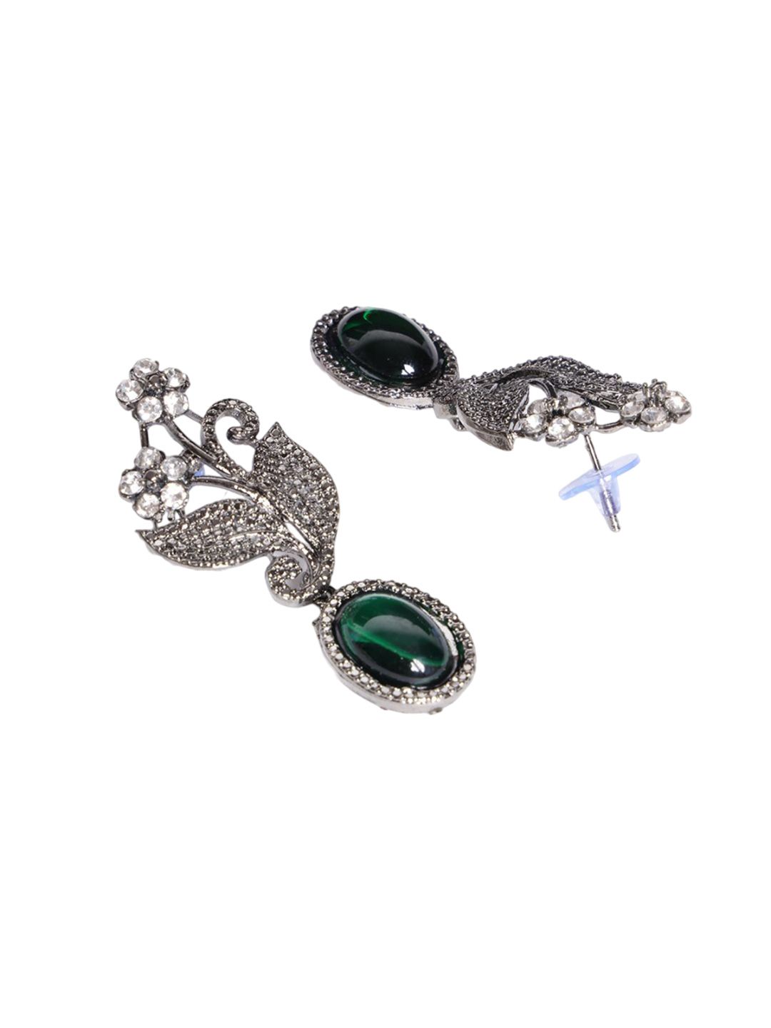 PANASH Silver-Plated Cubic Zirconia Studded Leaf Shaped Oxidised Drop Earrings