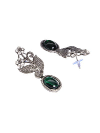 PANASH Silver-Plated Cubic Zirconia Studded Leaf Shaped Oxidised Drop Earrings