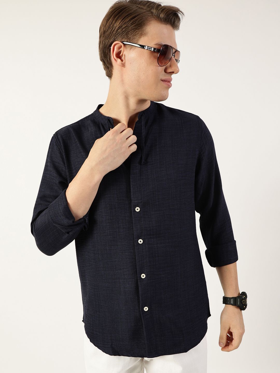 Thomas Scott Men Classic Mandarin Collar Solid Slim Fit Casual Shirt