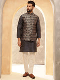 Anouk Black Woven Design Jacquard Silk Straight Kurta With Pyjamas And Nehru Jacket