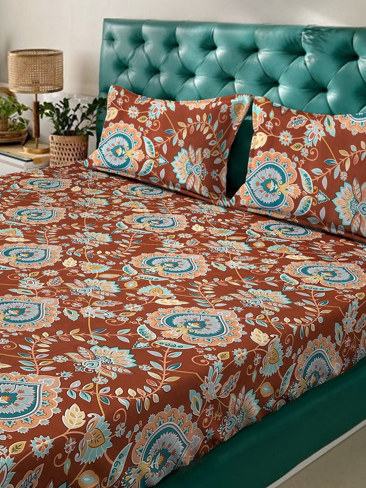 KLOTTHE Rust & Blue Floral Printed Fitted 300 TC King Bedsheet with 2 Pillow Covers