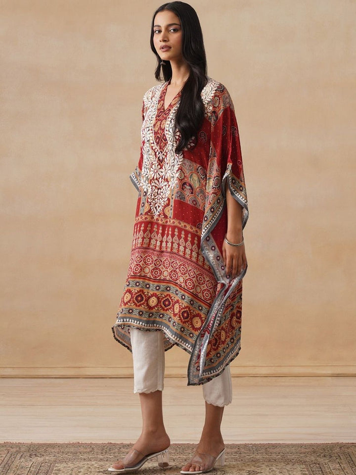 House of Chikankari Women Rust Printed Crepe Kaftan Kurta