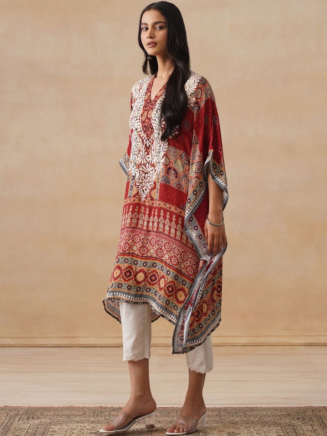 House of Chikankari Women Rust Printed Crepe Kaftan Kurta