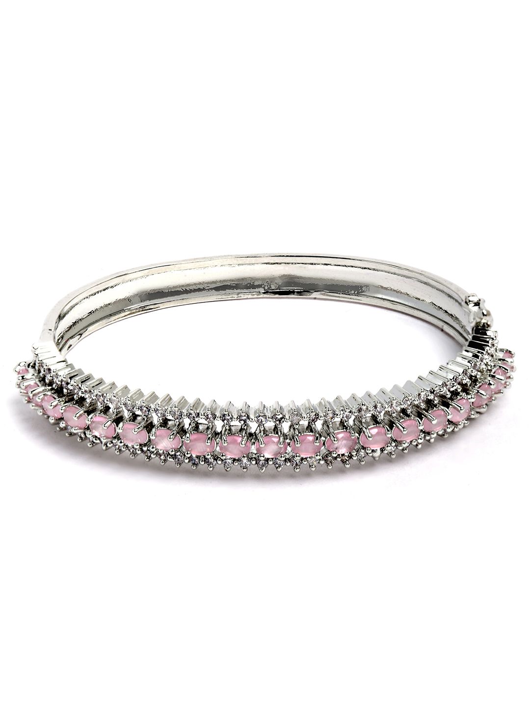 KARATCART Silver-Plated & Pink American Diamond Studded Bangle