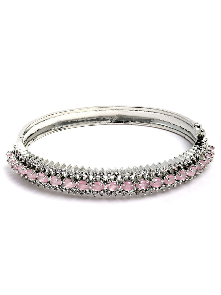 KARATCART Silver-Plated & Pink American Diamond Studded Bangle