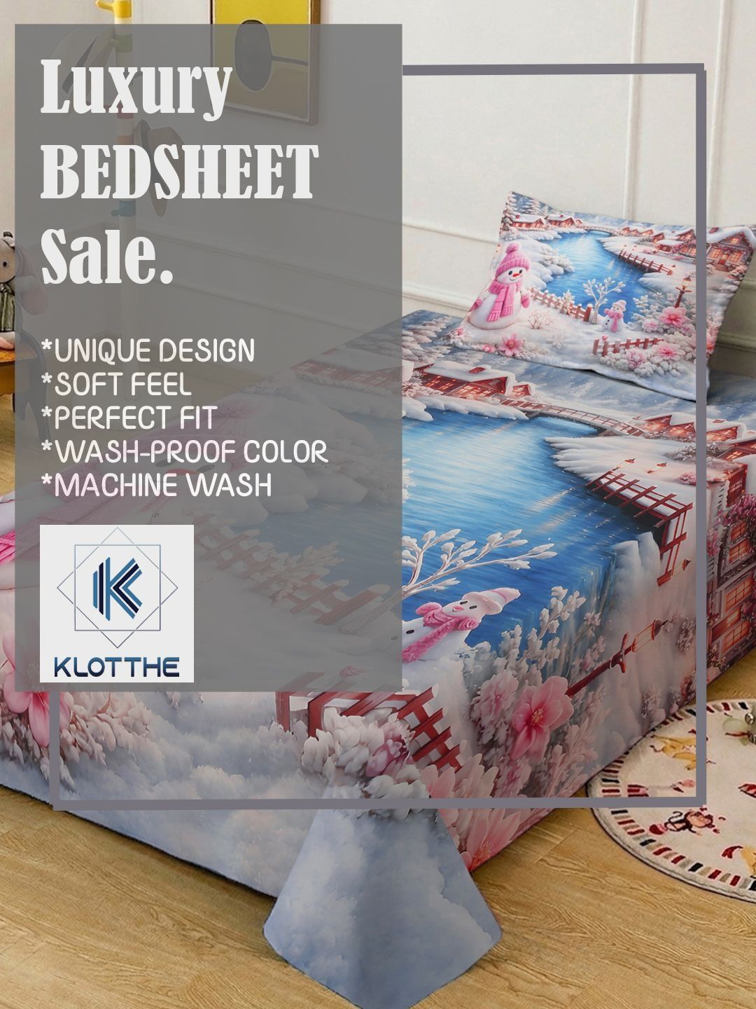 KLOTTHE Pink & Blue Printed 300 TC Single Bedsheet With Pillow Covers- 2.25 m x 1.5 m