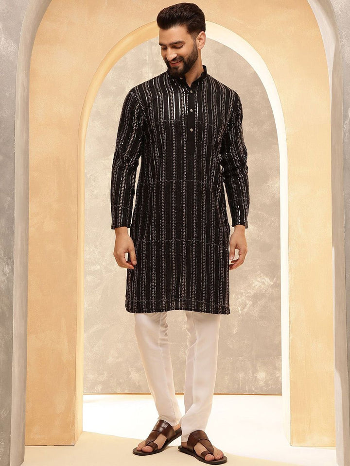 Anouk Lelaki Band Kolar Geometrik Sulam Labuci Kapas Tulen Kurta Lurus