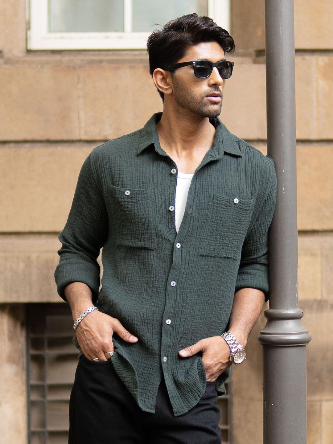 Powerlook Men Textured Spread Collar Cotton Casual Shirt
