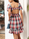 DressBerry Flirty Finesse Checked Cut-Out Smocked Flutter Sleeve Mini Dress