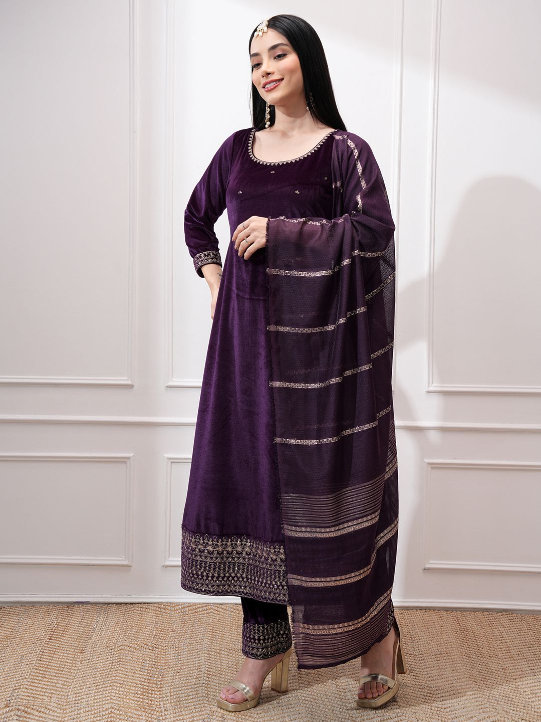 Vishudh Women Ethnic Motifs Embroidered Regular Kurta with Trousers & With Dupatta