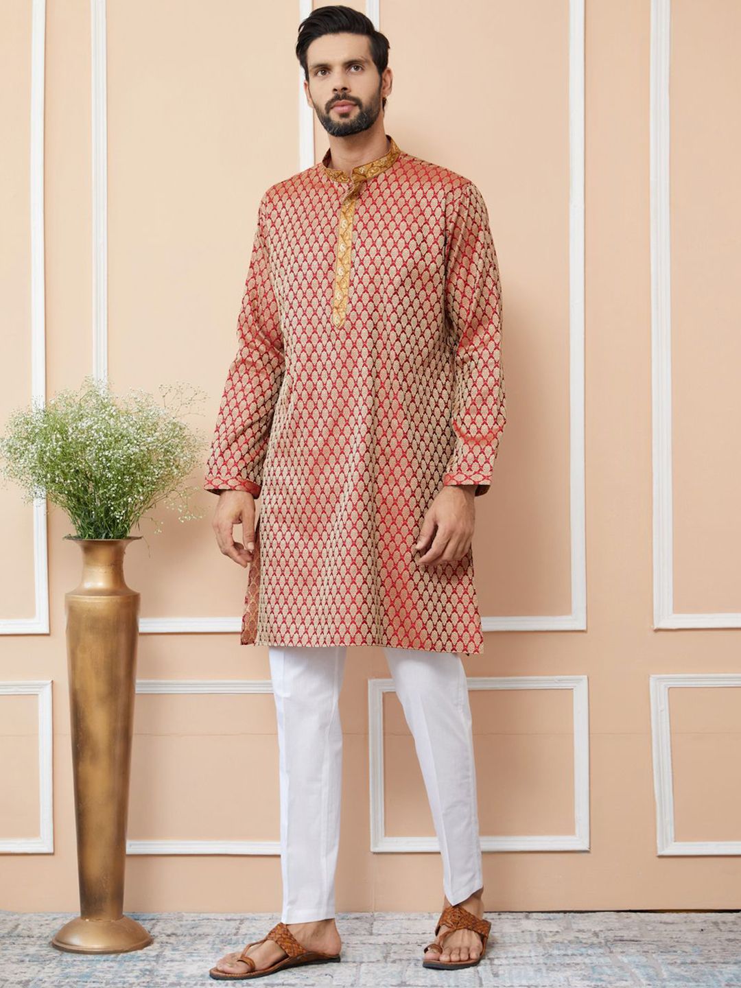 See Designs Ethnic Motifs Printed Mandarin Collar Jacquard Silk Straight Kurta