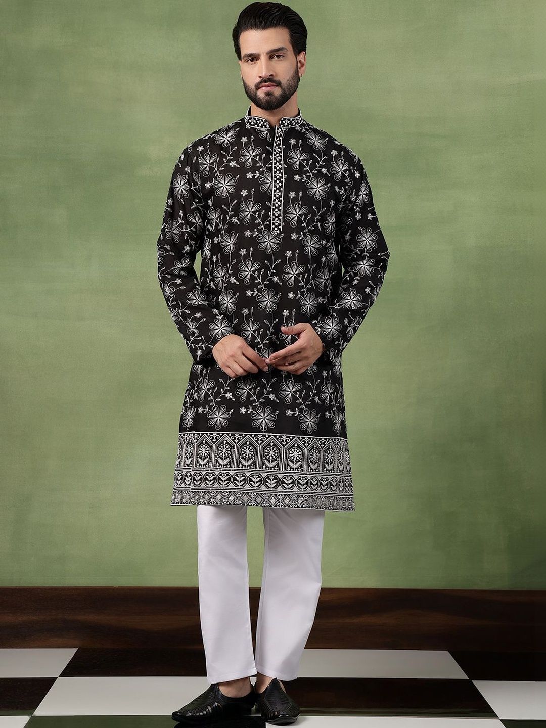 SOJANYA Kurta Kerja Benang Sulam Bunga Lelaki