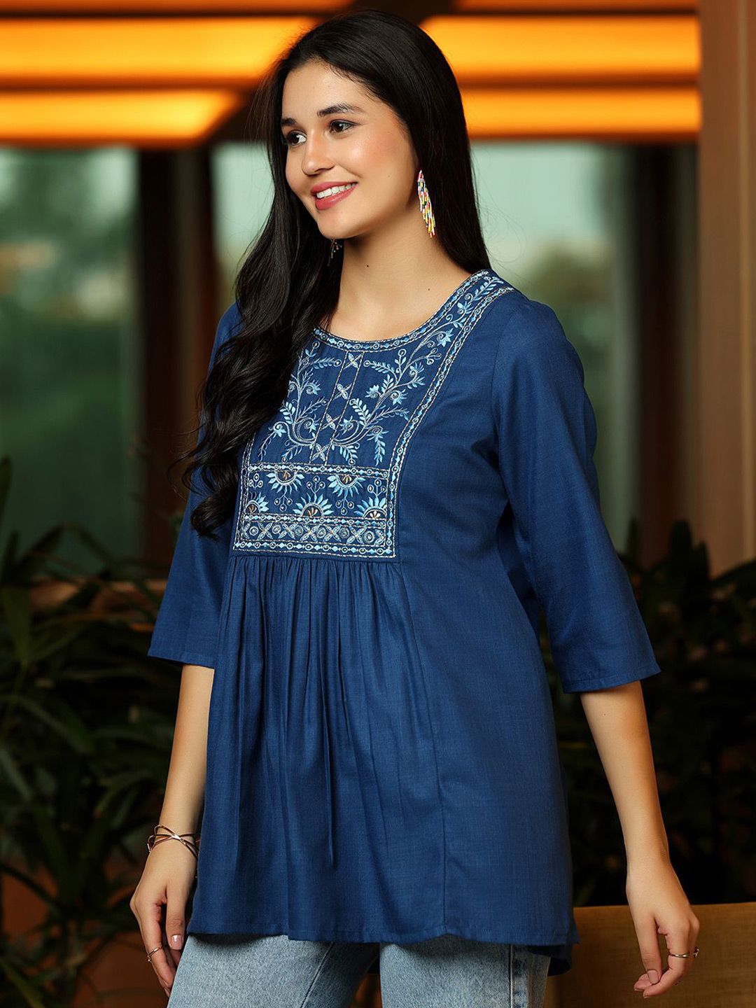 Libas Floral Yoke Design Thread Work Thread Work Pleated Kurti