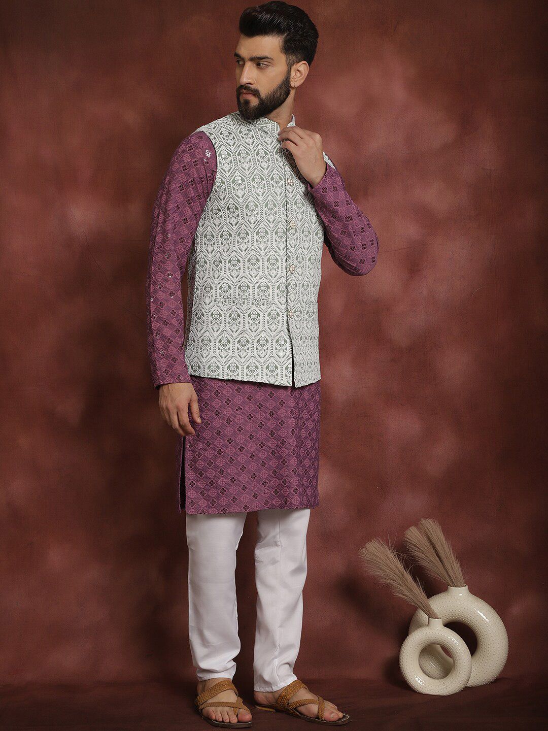 Anouk Thread Work Embroidered Regular Kurta with Churidar & Nehru jacket