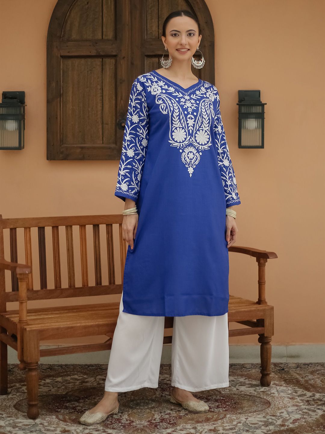 HOUSE OF KARI Floral Embroidered V-Neck Cotton Straight Falak Kashmiri Kurta