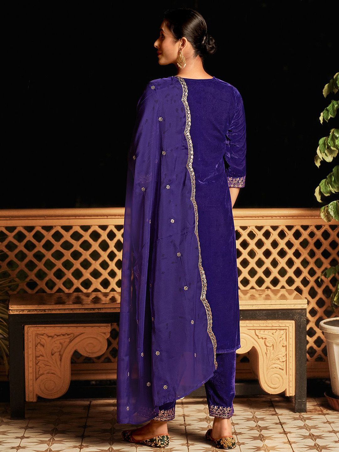 KALINI Ethnic Motifs Embroidered Sequinned Velvet Kurta with Trousers & Dupatta