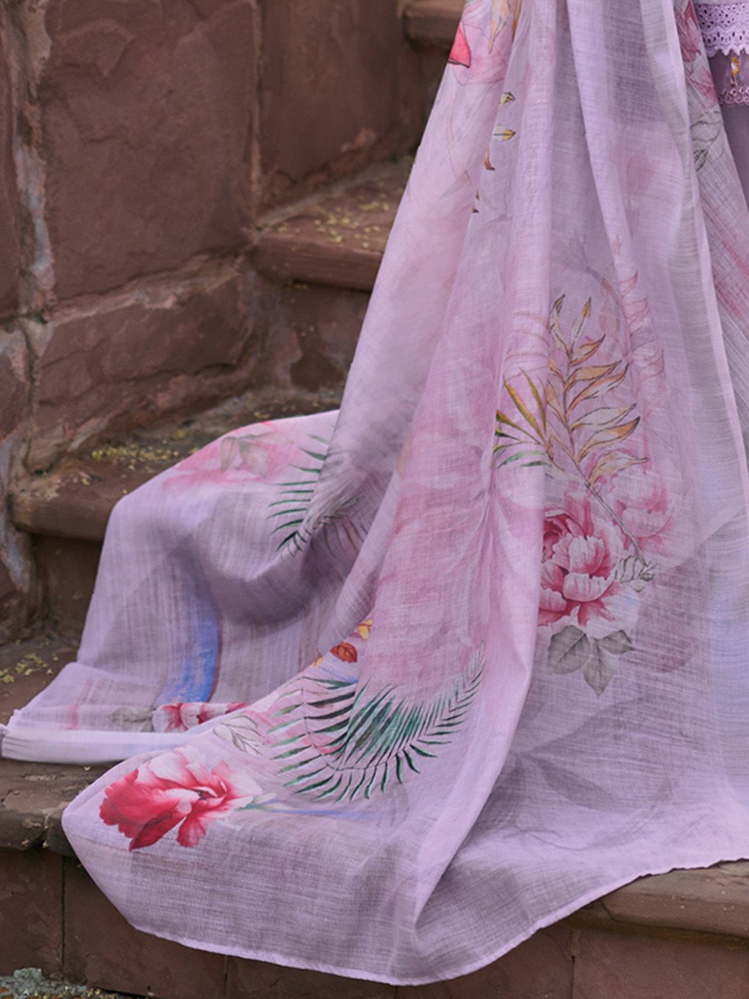 Indo Era Lavender Floral Embroidered Tie Up Neck Pure Cotton Kurta with Trousers & Dupatta