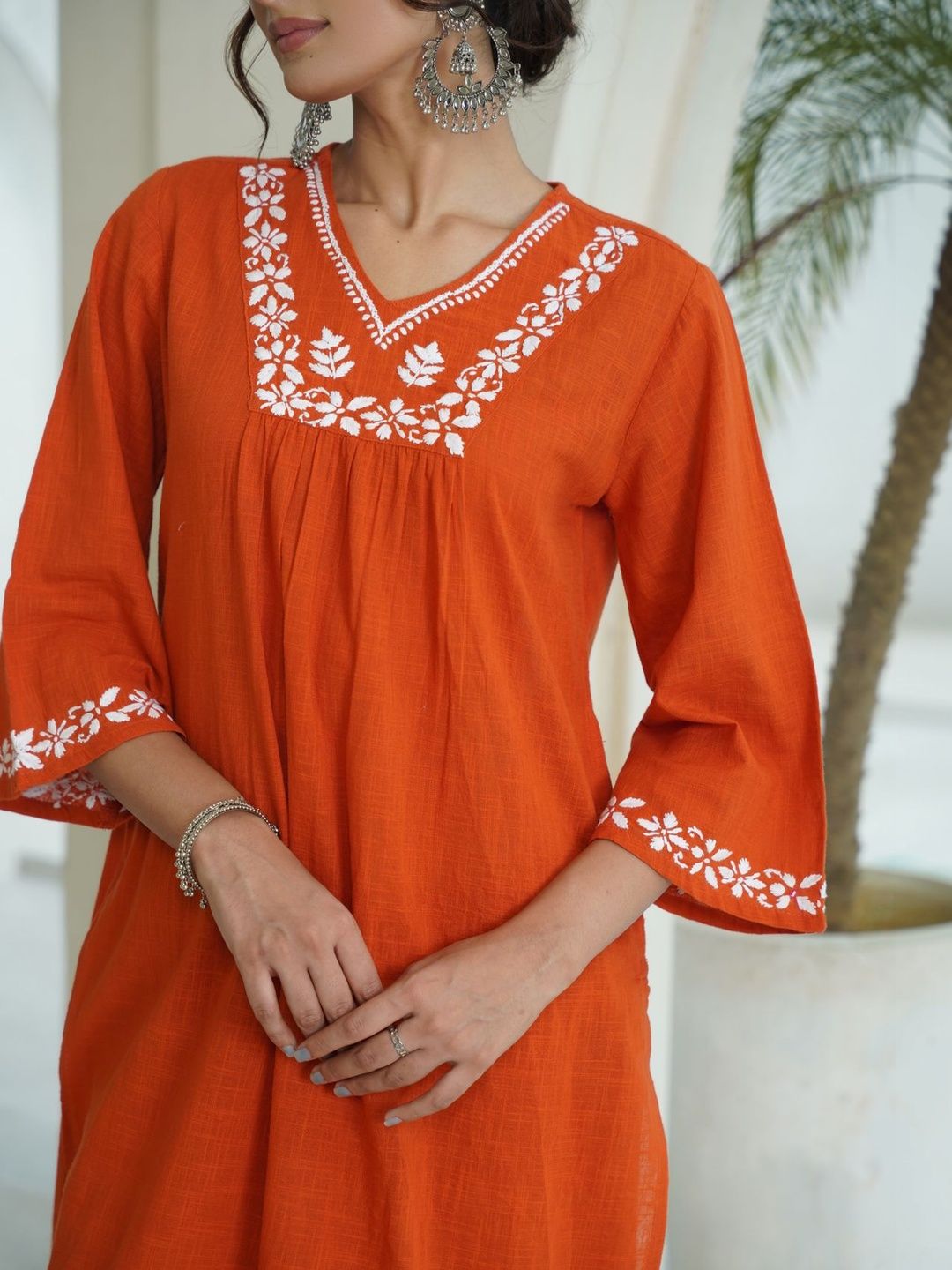 House of Chikankari Wanita 2 Keping Kurta Kapas Tulen Biasa dengan Set Seluar