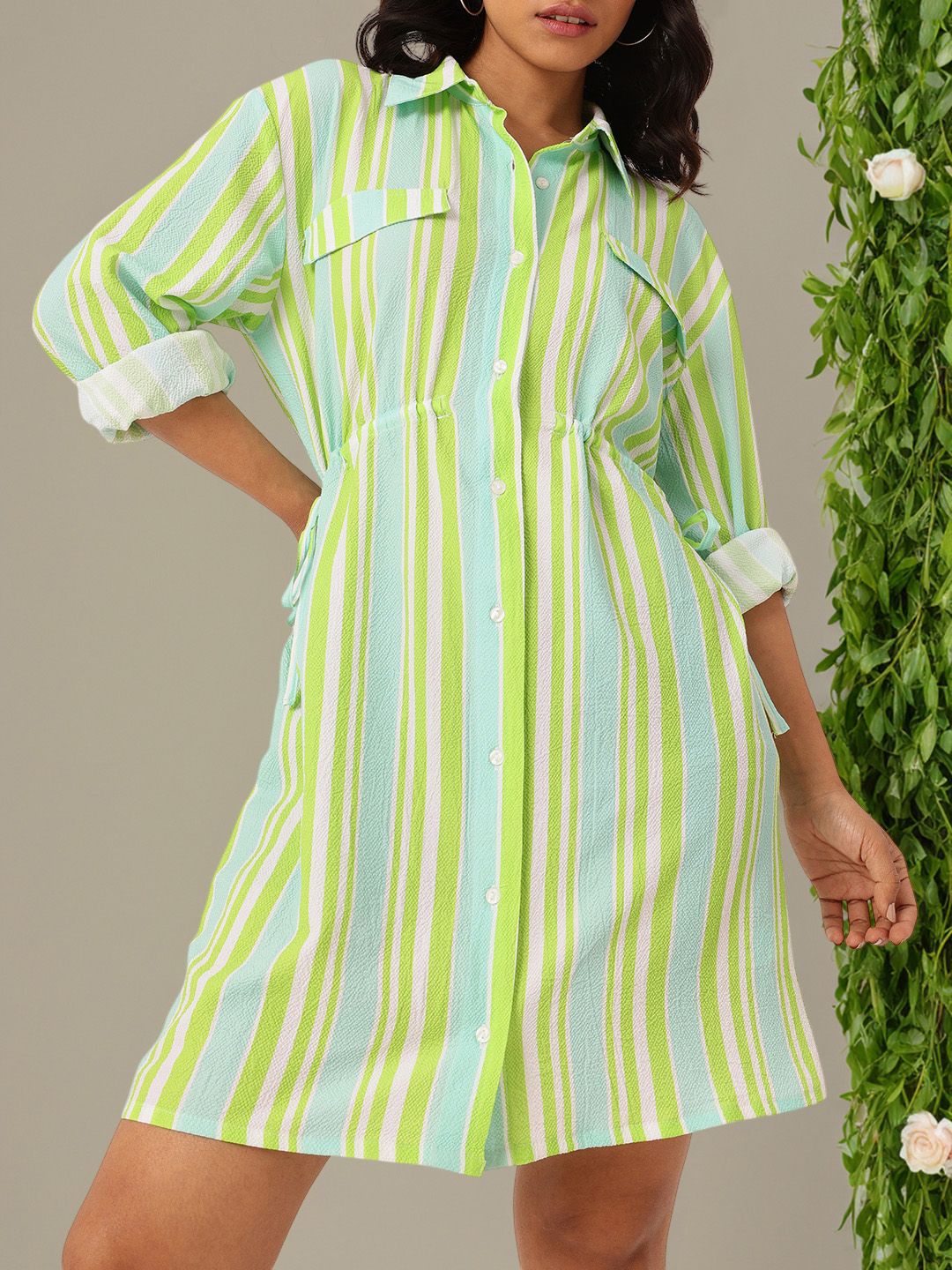 DressBerry Striped Cinched Waist Seersucker Shirt Style Dress