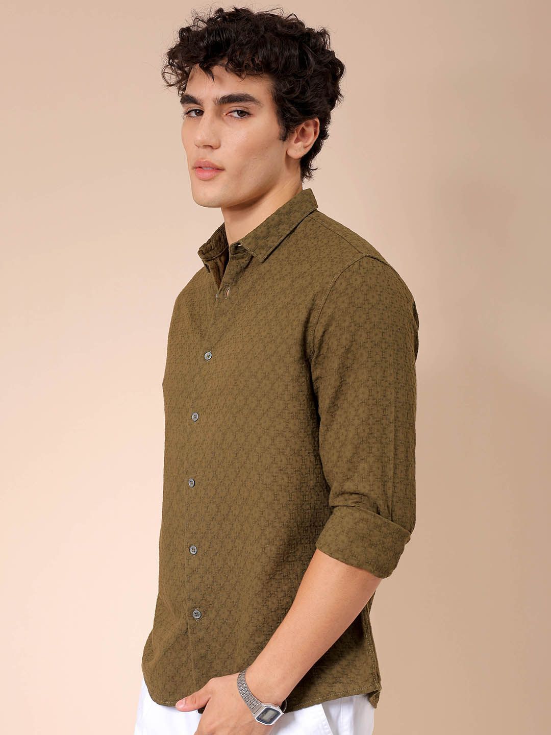The Indian Garage Co Men Regular Fit Dobby Textured Resortwear Shirt