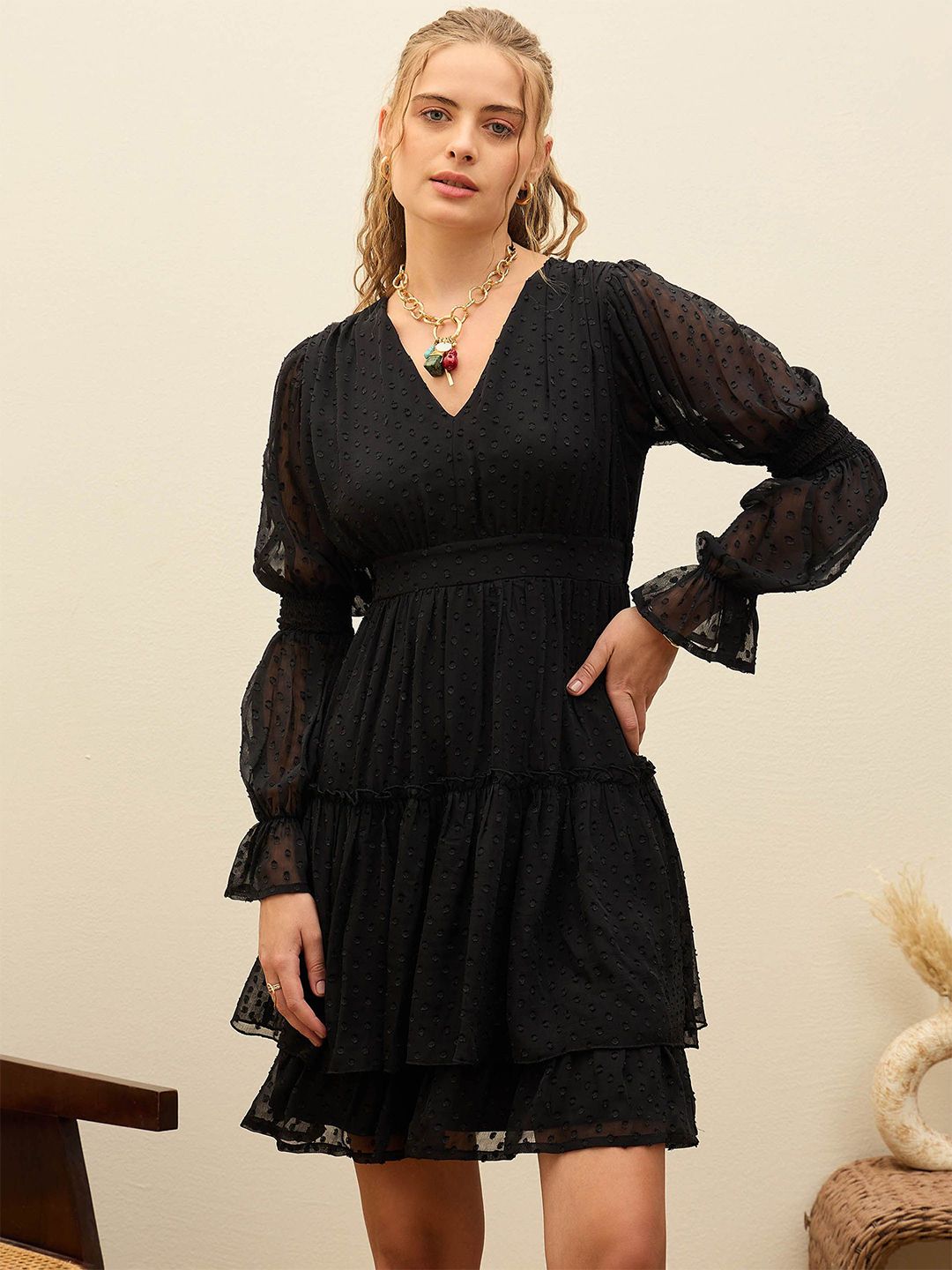 SASSAFRAS Women Solid Self Design Fit & Flare Dress