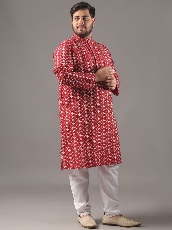 SOJANYA PLUS Plus Size Lelaki Kolar Jalur Sulam Bunga Kurta Lurus Dan Piyama