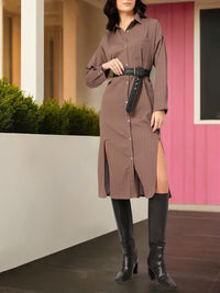 DressBerry Chic Slit Textured Midi Shirt Dress