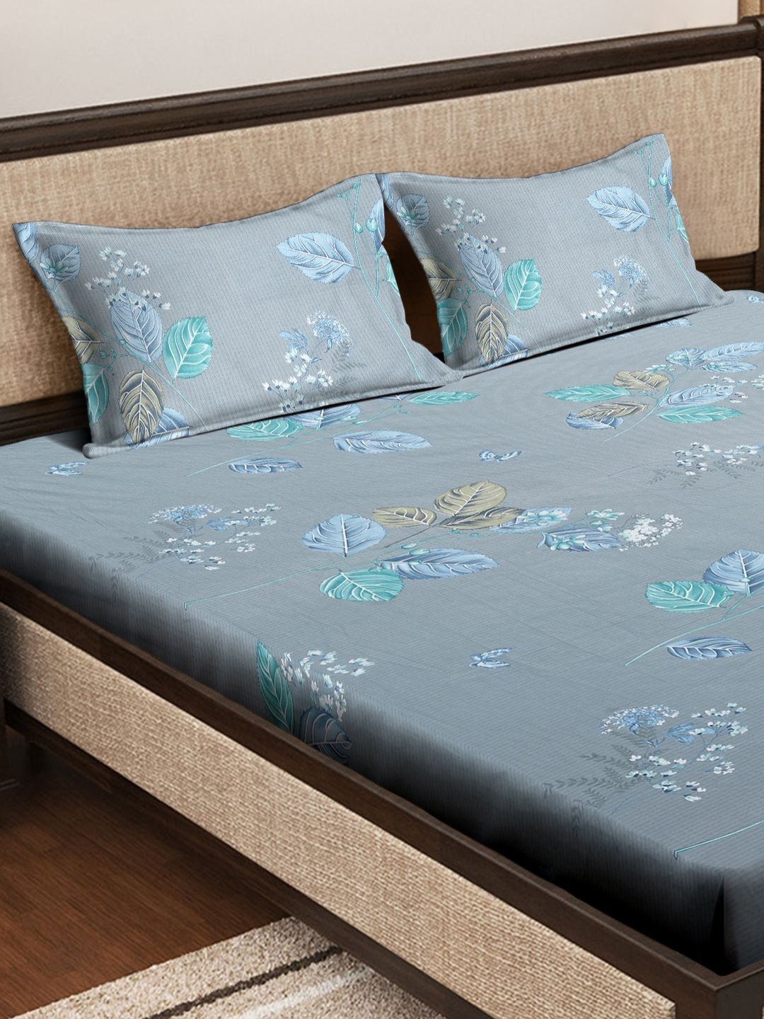 Myntra Elegant Homes Grey & Blue Floral Printed Flat 400 TC Cotton King Bedsheet with 2 Pillow Covers