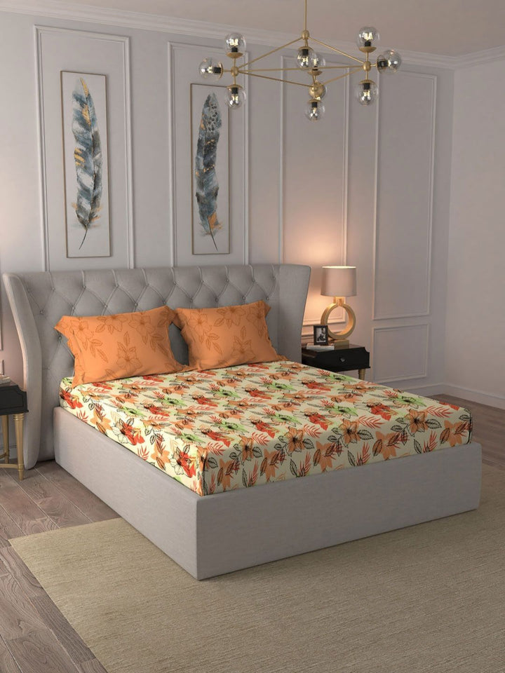 MYTRIDENT Flora Orange Moments Flat 120TC Queen Pure Cotton 1 Bedsheet with 2 Pillow Covers